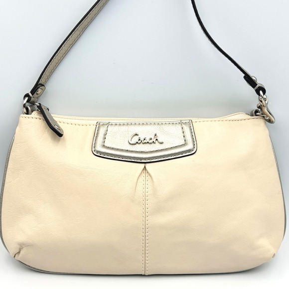 Coach Ivory Pearl Leather Wristlet Small Mini Bag Silver Metallic Trim Pleated - Picture 2 of 9